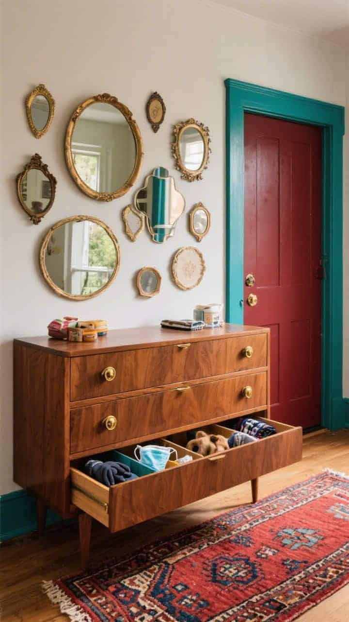 Photorealistic medium shot of a vintage eclectic entry vignette: a mid-century walnut dresser with three deep drawers, aged brass knobs; top styled with a collage of mismatched vintage mirrors in various shapes reflecting soft light; door trim painted a bold oxblood (or teal) framing the scene; a patterned kilim runner in earthy reds and blues leading to the dresser; drawer slightly open showing tidy dividers for gloves, masks, scarves, and pet supplies; warm, collected ambiance.