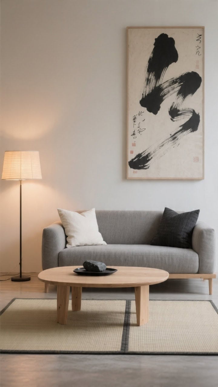 Photorealistic minimalist medium shot, zen studio calm: stone-gray armless loveseat, pale ash wood coffee table, large edge-to-edge ink-brush print on the wall. Pillows: one 20" ivory linen square with a soft flange edge and one 12"x24" coal-toned lumbar in a tight smooth weave. Tatami-style flat-weave rug, rice paper floor lamp with warm LED, single black stone on a tray. Balanced negative space, serene warm lighting, no people.