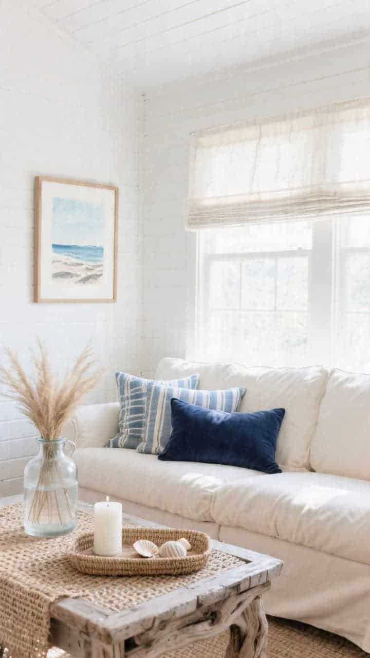 Photorealistic straight-on wide shot, coastal cottage: compact soft-ivory slipcovered sofa, white paneled walls, weathered driftwood coffee table, woven roman shade filtering afternoon sun. Pillow trio: two 20" washed-blue ticking stripe squares and one 12"x22" solid navy velvet lumbar. Accessories: glass jug vase with beach grass, framed coastal watercolor in pale blues and grays, seagrass tray with shells and a white candle. Bright, breezy coastal light, clean composition, no people.