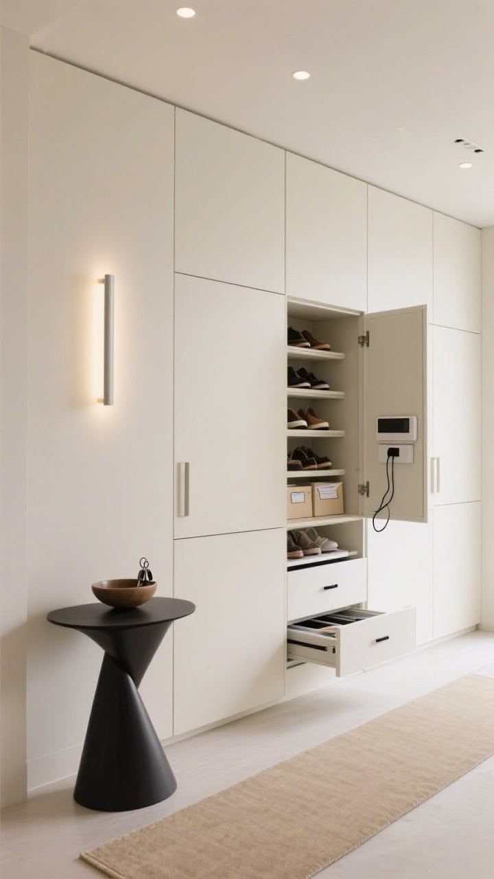 Photorealistic straight-on wide shot of a sleek minimalist wall of built-ins: full-height flush cabinetry in warm white with seamless push-latch doors (no handles); one door slightly ajar revealing organized pull-out trays for shoes and slim drawers filing mail and tech, including an integrated charging drawer with cable grommets; a sculptural black console stool placed artfully with a low bowl for keys; tonal beige narrow runner; recessed spot lighting and a slim linear sconce creating calm, even illumination.