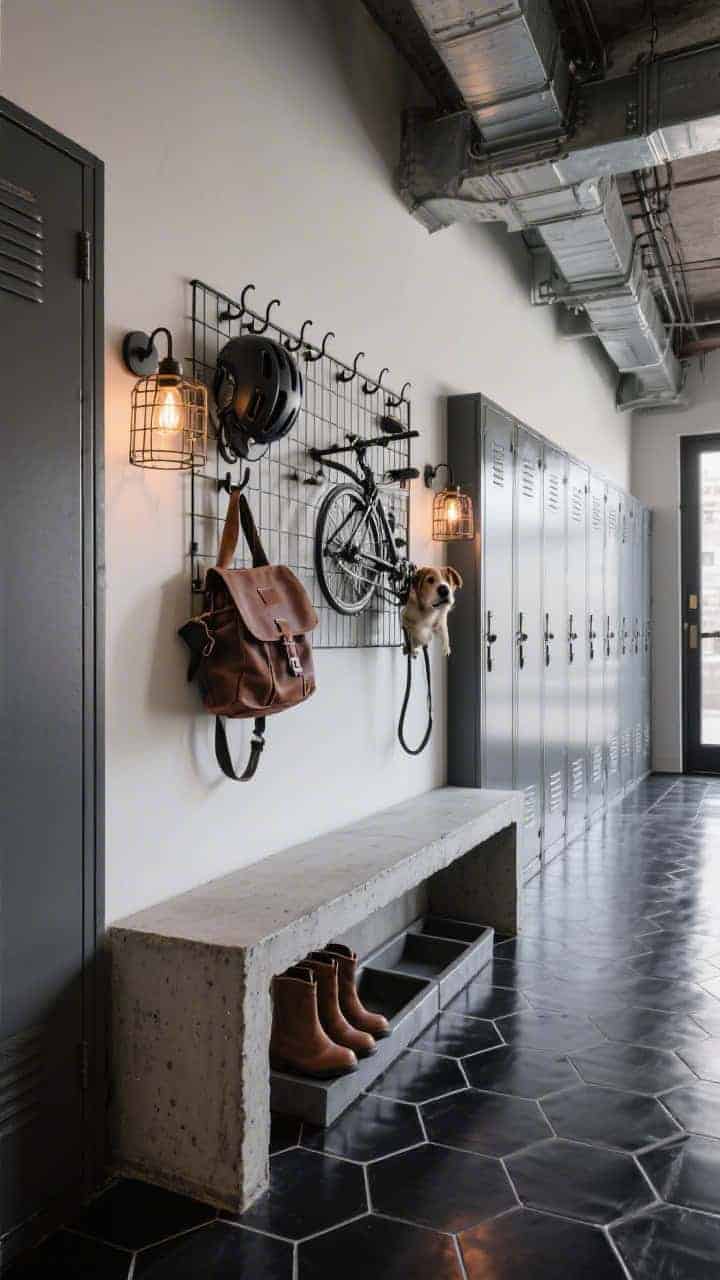Photorealistic wide, industrial entry scene: a long wall of matte graphite powder-coated steel lockers, interspersed with a poured-look concrete bench spanning sections; above the bench, a black metal grid panel with adjustable S-hooks holding a bike helmet, messenger bag, and dog lead; glossy, almost-black hex tile floor with a chunky boot tray; palette of graphite, concrete gray, soft white, hints of rust leather; caged wall sconces with warm Edison bulbs casting moody industrial light; scuff-resistant finishes.