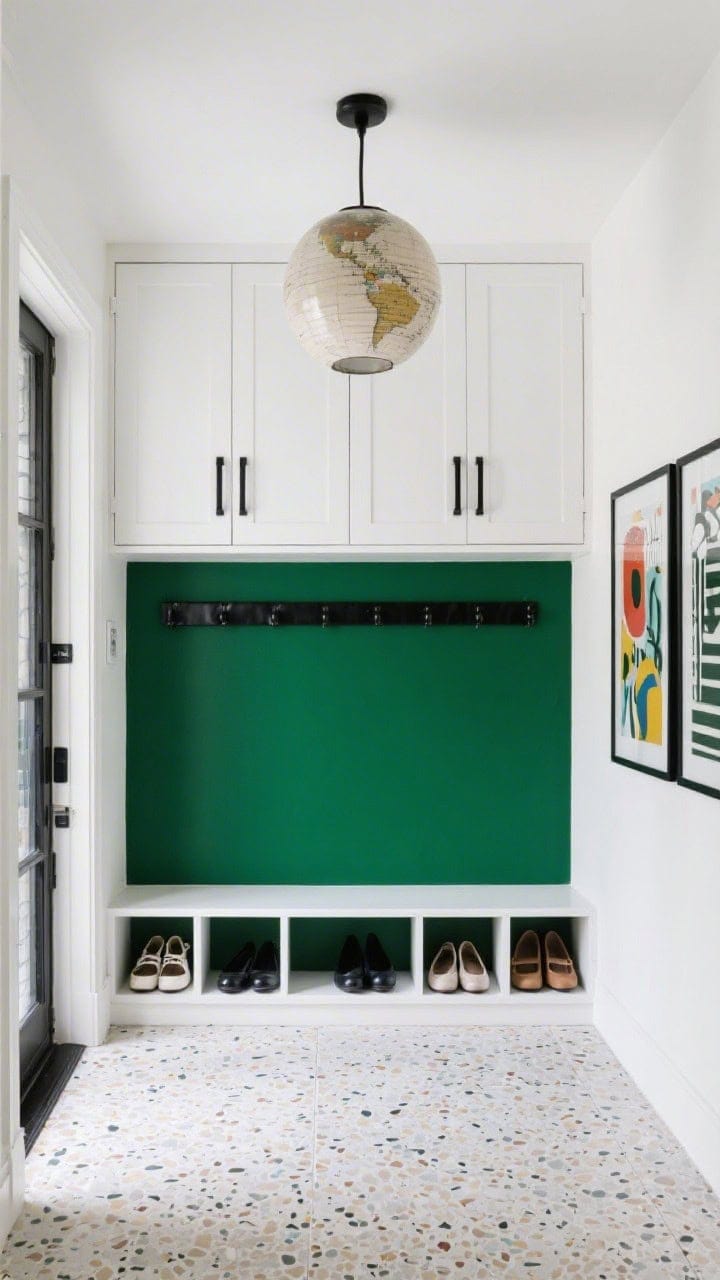 Photorealistic wide, straight-on view of a bold color-block entry: lower half of the wall painted deep forest green in a wipeable satin finish, crisp white above; built-in open cubbies marching along the bottom with one pair of shoes per cubby; upper cabinets with matte black hinges and black leather pulls concealing clutter; a chunky globe pendant as statement lighting; graphic framed prints adding punch; terrazzo-style tile floor in neutral speckles; clean, playful, highly organized mood.