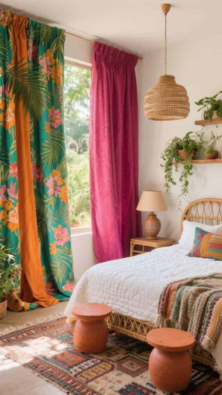 Wide bedroom shot in boho garden style with oversized floral-and-palm curtains in juicy greens, mango, and magenta, panels puddling slightly for relaxed drape. Include a rattan bed frame, terra-cotta side tables, a quilted white coverlet for visual rest, trailing plants on wall shelves, layered kilim rugs on the floor, and a woven pendant light. Color match: echo one curtain hue in throw pillows and a ceramic lamp base. Warm natural daylight, lush, vacation-at-home mood. Camera angle: diagonal from the room’s corner to show curtain scale, bed, and layered textures. Photorealistic, no people.