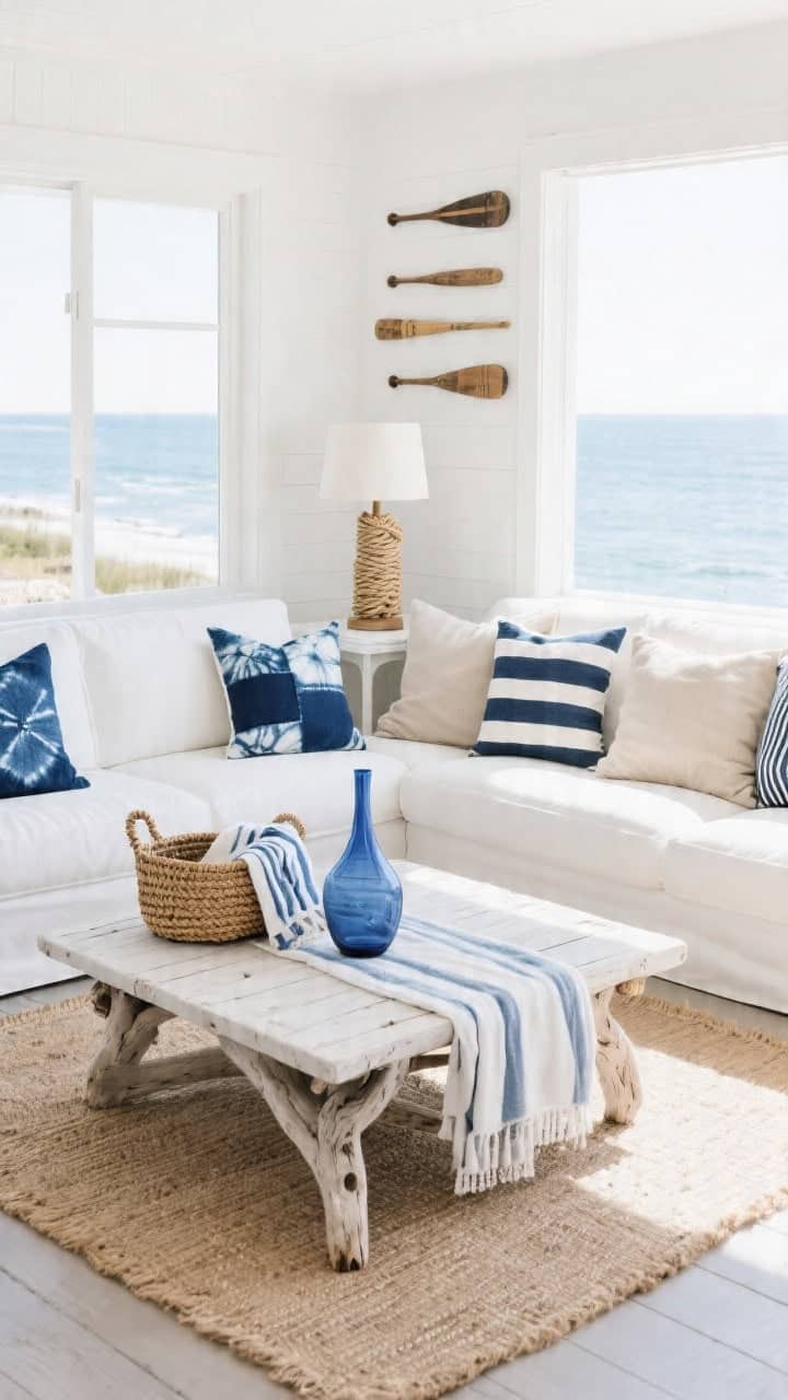 Wide coastal summer retreat living area: crisp white sectional facing a driftwood coffee table on a bleached jute runner. Pillow mix includes indigo shibori squares, classic navy-and-white stripes, and sand-colored linen cushions for balance. Add a rope-wrapped lamp on a side table, woven seagrass basket holding beach towels, a blue glass vase on the table, and vintage oars mounted on the wall. Bright natural seaside light, clean and breezy, photorealistic.