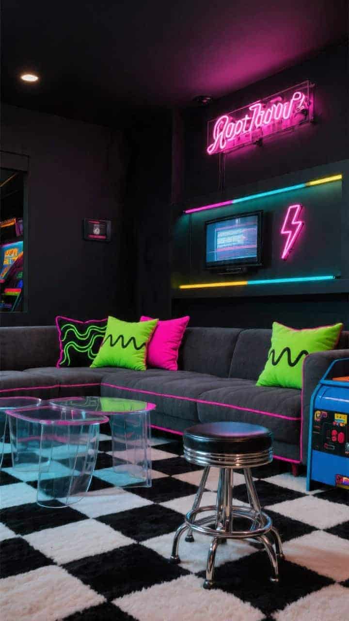 Wide room shot, low angle: Black walls with neon signage above a media console; charcoal sectional on a high-contrast black-and-white checkerboard rug; sofa loaded with neon-accent pillows—hot pink piping, lime squiggles, graphic lightning bolts—and two wave-shaped cushions in acid green and cobalt; acrylic nesting tables; color-changing LED strip glow behind TV; chrome-and-vinyl retro arcade stool; moody, electric arcade ambiance, photorealistic.