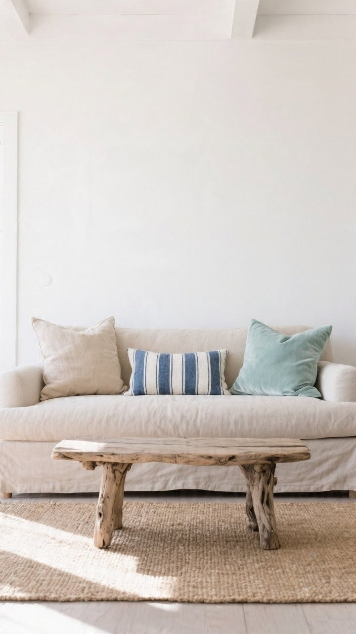 Wide shot, calm coastal neutrals: a low oatmeal-colored linen sofa against crisp white walls, driftwood coffee table centered, soft natural daylight; a jute rug underfoot. On the sofa: two 24-inch oatmeal linen pillows, two 22-inch seafoam velvet pillows adding gentle sheen, and a center lumbar in indigo-and-ivory ticking stripe. Palette of oatmeal, seafoam, indigo; materials read as linen, velvet, cotton canvas. Clean, airy coastal vibe with subtle ocean twist, no people.