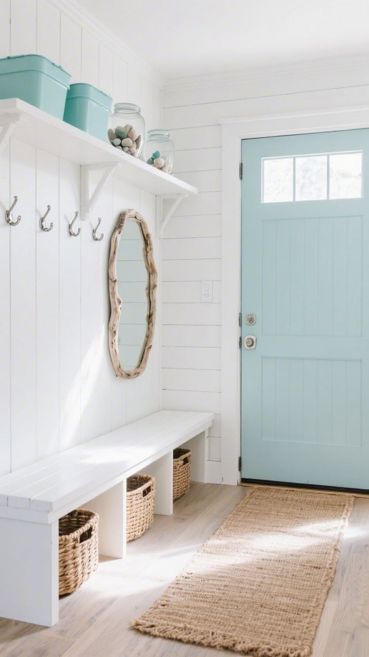 Wide shot, Coastal Entry mudroom: crisp white shiplap walls, pale gray-blue front door, brushed nickel hooks along a wall, a built-in white bench with rattan baskets tucked underneath, a floating white shelf above holding pale aqua bins and a glass jar of beach stones; slim driftwood-framed mirror, jute runner on light wood floors; soft natural daylight streaming in for a breezy, sea-glass calm mood; color story white, pale aqua, soft gray; photorealistic.