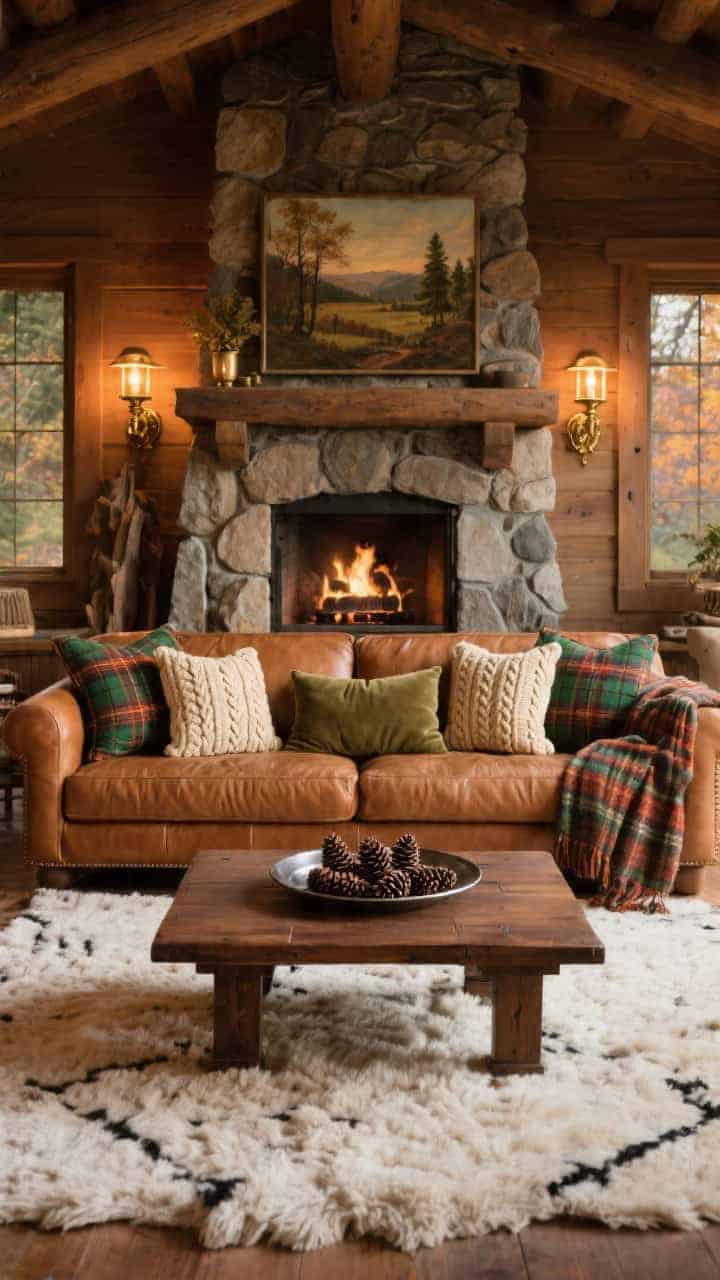 Wide shot, cozy autumn lodge living room: caramel leather sofa in front of a stone fireplace, chunky ivory wool rug under a mahogany coffee table. On the sofa: tartan plaid pillows in forest green and rust, two oversized creamy oatmeal cable-knit cushions, and a slender olive velvet lumbar pillow centered to ground the patterns. Coffee table styled with a metal tray of pinecones; a plaid throw draped over the sofa arm. Antique brass sconces flank an oil landscape on the wall. Warm evening light, photorealistic, inviting lodge vibe.