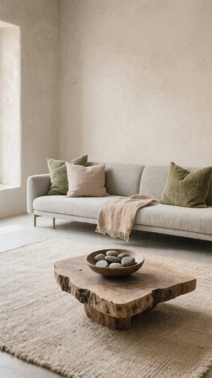 Wide shot, organic zen serenity: low-profile stone-colored sofa against plaster-like walls; pale woven rug under a live-edge slab coffee table; a shallow bowl of smooth river stones atop. Pillows: two 24-inch light taupe stonewashed linen, two 22-inch moss chenille squares for soft depth, and a raw-edged linen lumbar in warm putty. Soft, diffuse natural light, muted earthy palette, quiet, meditative atmosphere.