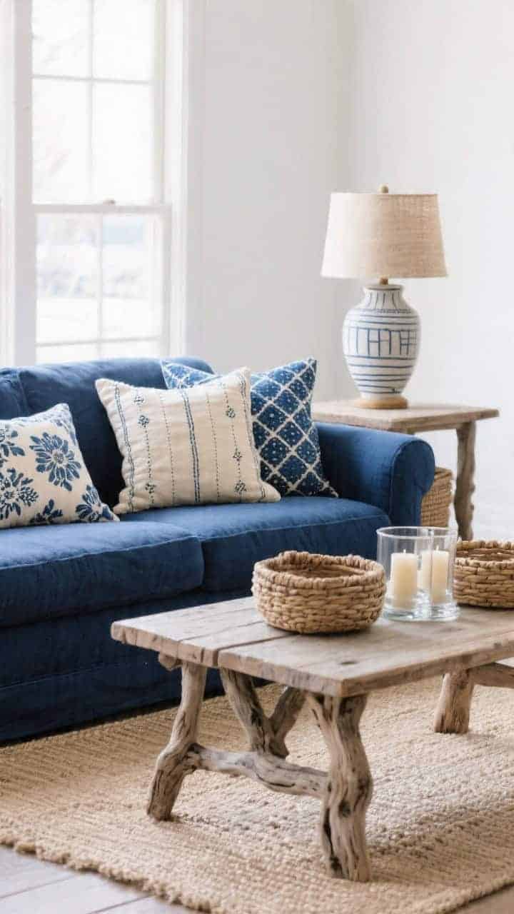 Wide shot, straight-on: A coastal indigo living room with a deep navy linen sofa on a light jute rug, driftwood coffee table centered, woven baskets and a ceramic table lamp with a flax shade on a side table, glass hurricane candles on the coffee table. On the sofa, a trio of indigo block-printed pillows in varying scales—tiny dots, soft florals, and a geometric stripe—plus one oversized creamy lumbar pillow with hand-stitched kantha details. Palette of indigo, cream, sand, and weathered wood. Soft natural daylight for a breezy, calm mood.