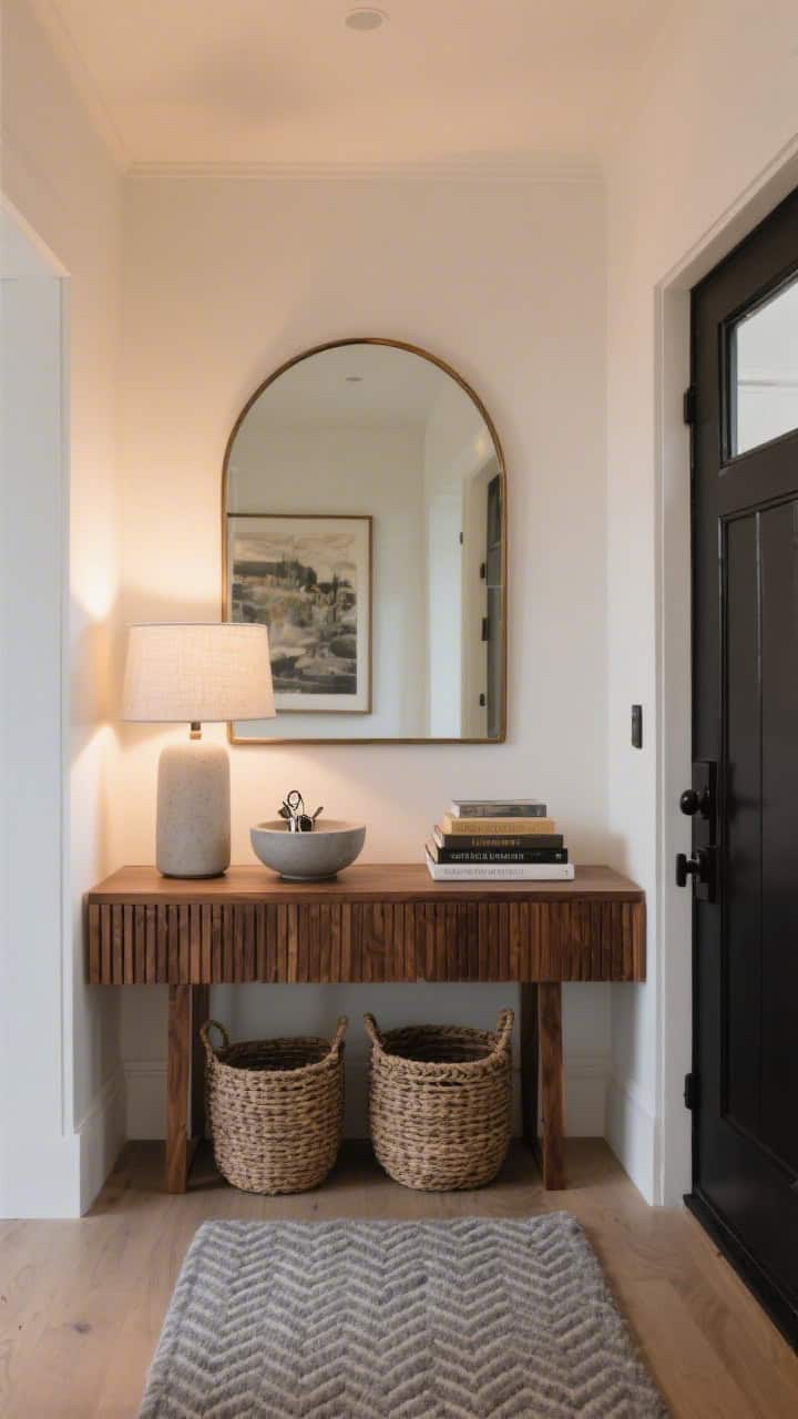 Wide, straight-on photorealistic shot of a calm, warm-modern entry: walnut slat console beneath a large arch-top mirror with a slim bronze frame, creamy warm-white walls, soft gray wool runner in subtle herringbone, linen-shaded table lamp glowing softly, shallow concrete bowl with keys, stacked trio of art books, matte black door hardware, and two woven baskets tucked under the console; palette of warm white, walnut, soft gray, matte black; early evening ambient light for a polished, effortlessly modern vibe.