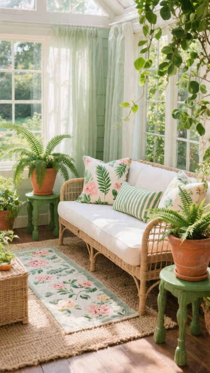 Wide, sunlit corner of a sunroom: A garden-inspired retreat with a wicker sofa, olive green side tables, and terracotta planters overflowing with ferns and trailing pothos. On the sofa, a botanical mix of oversized fern-print pillows, watercolor florals in blush and sage, and a ticking stripe lumbar to ground the pattern play. Layered flooring: a sisal rug with a smaller floral rug on top. Sheer linen curtains filter abundant natural light; palette of sage, olive, blush, terracotta, and natural wicker.