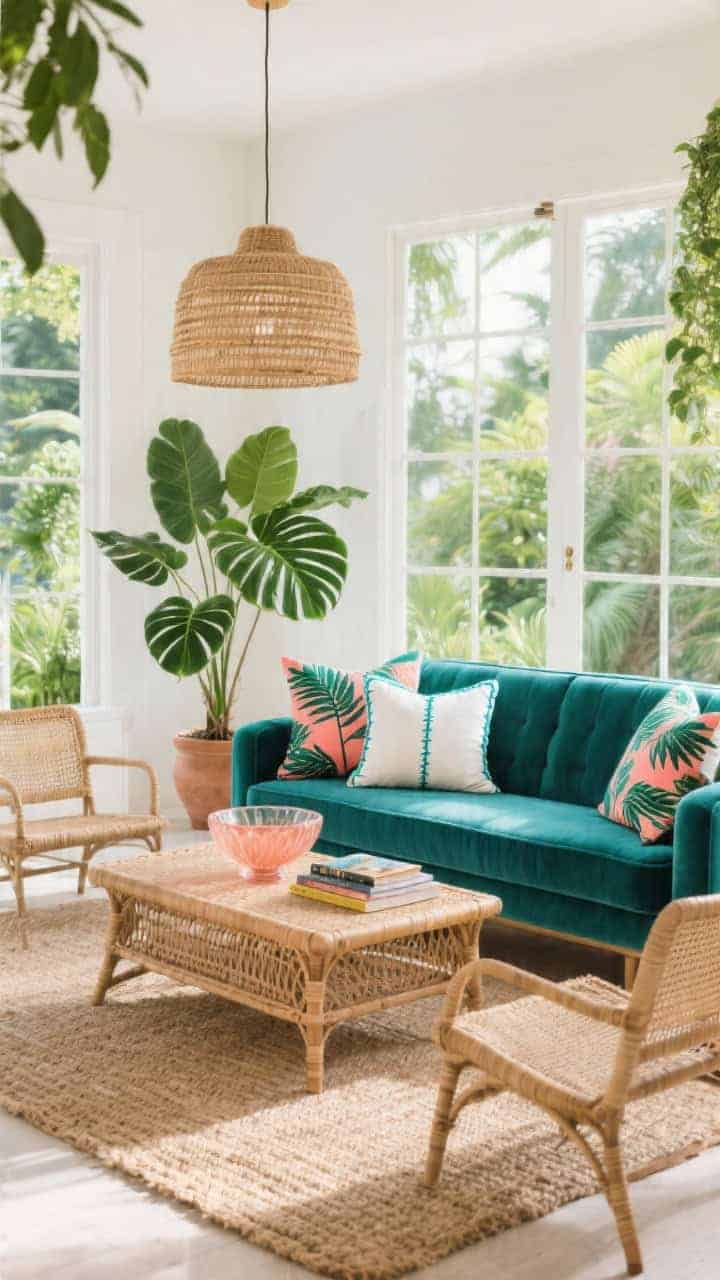 Wide tropical spring lounge: teal velvet settee paired with cane side chairs, rattan coffee table over a sisal rug. Pillows include bold palm-leaf prints, coral cut-velvet cushions, and a stitched white lumbar with teal piping. Accents: potted monstera, rattan pendant light overhead, coral glass bowl and travel books on the table. Bright, sunlit interior with lush greenery, photorealistic.