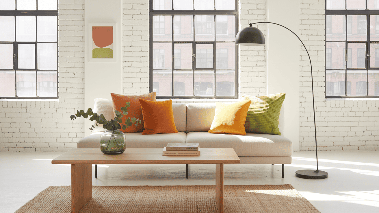 Wide shot, sunlit industrial loft living room with white-painted brick walls and matte black steel-framed windows; a low-profile neutral sofa styled with citrus-colored pillows: tangerine velvet, lemon yellow linen, and lime green boucle; bleached oak coffee table on a natural jute rug; a black arc floor lamp; single abstract print in coral and chartreuse on the wall; jade glass vase with fresh eucalyptus on the coffee table; modern, bright, effortless mood; crisp natural daylight streaming in.