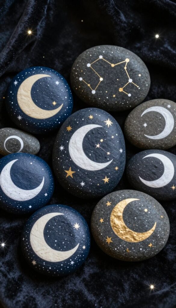 Beautiful celestial-themed painted rocks featuring moons, stars, and constellations in navy blue and gold tones against dark backgrounds