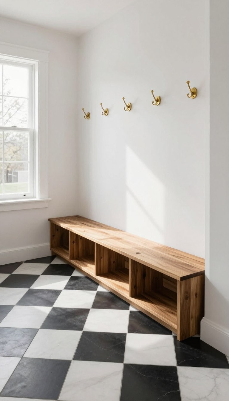 Black and white checkerboard mudroom tile pattern in modern entryway