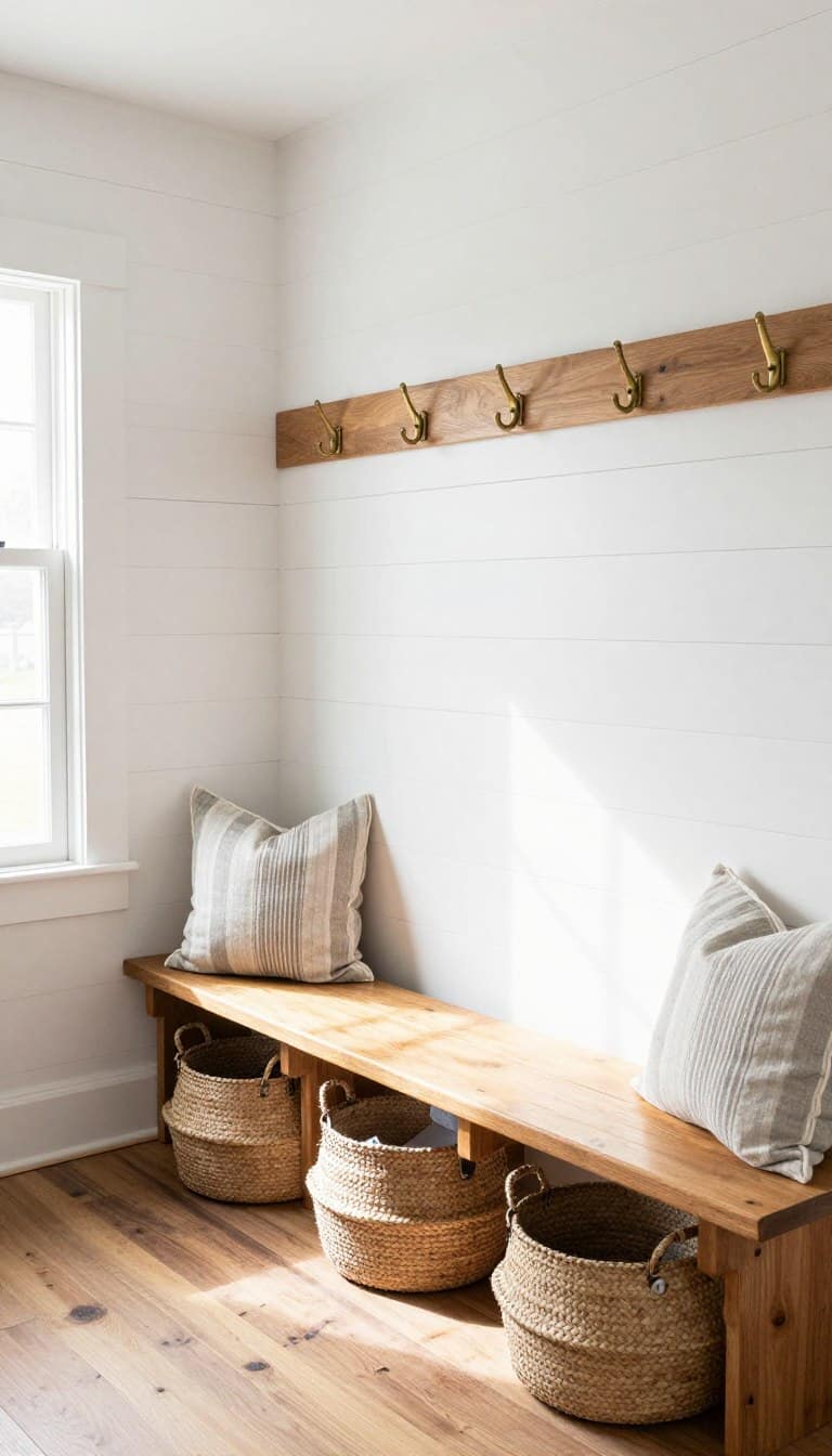 Bright cottage mudroom with white shiplap walls, wooden bench, and woven baskets creating warm inviting entryway