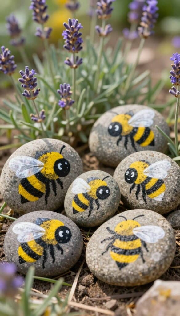 Cheerful yellow and black striped bee rocks with wings placed among pollinator garden flowers