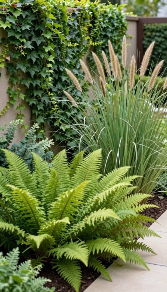 Corner of a side garden softened with layered planting including ferns, ivy, and ornamental grasses Corner of a side garden softened with layered planting including ferns, ivy, and ornamental grasses