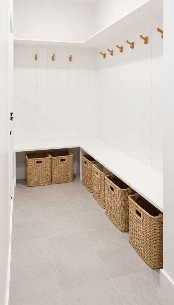 Diagonal tile layout in small mudroom making space feel larger