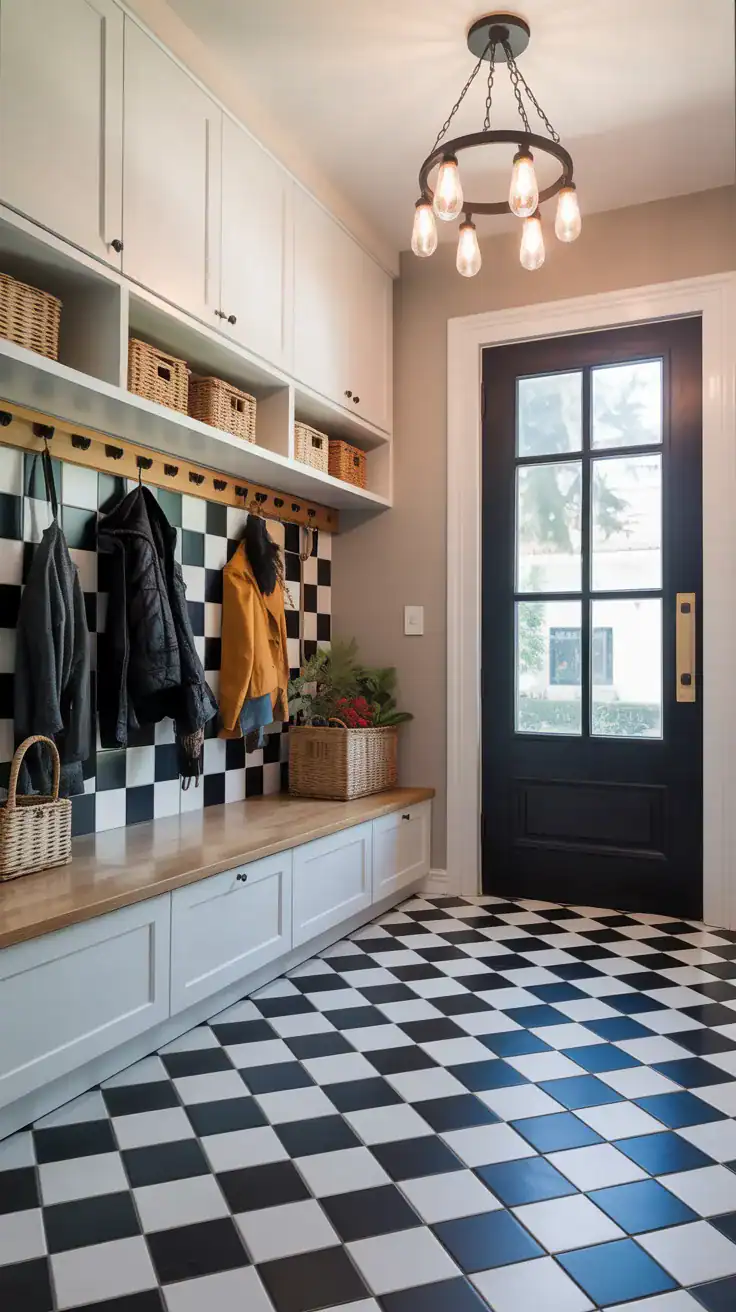 Black and white checkerboard mudroom tile pattern in modern entryway