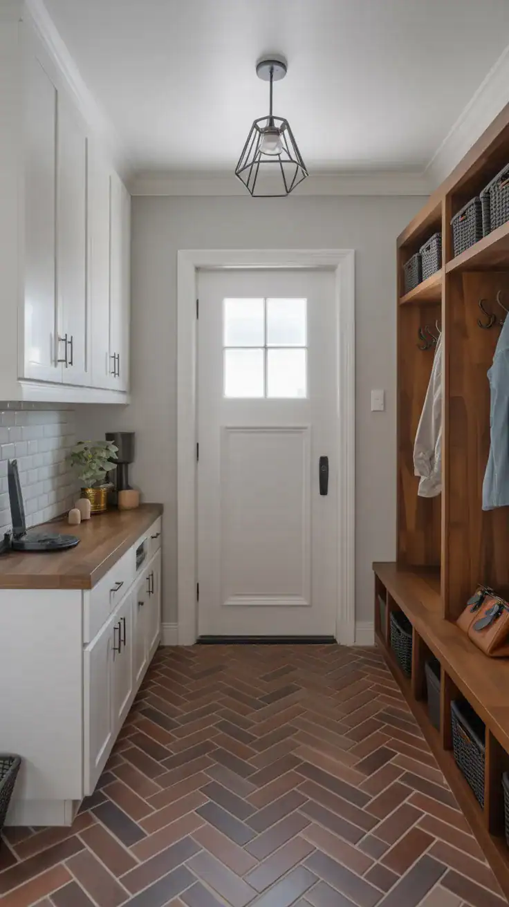 Herringbone brick pattern porcelain tile in mudroom entryway