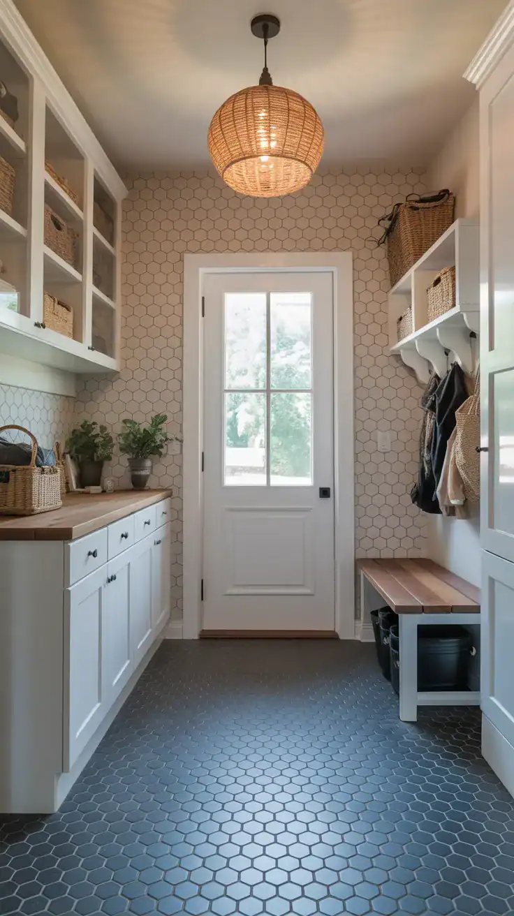 Gray hexagon mosaic tile pattern in modern farmhouse mudroom