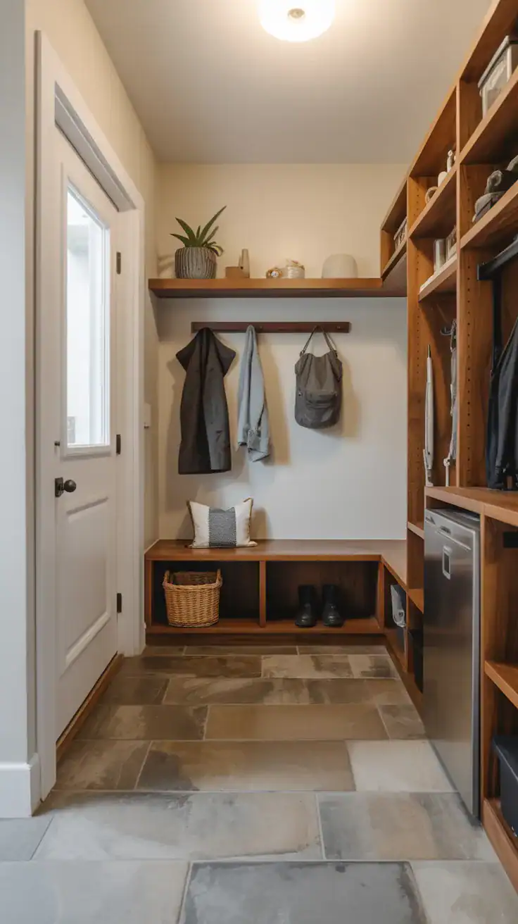 Large format stone look porcelain tile in modern mudroom