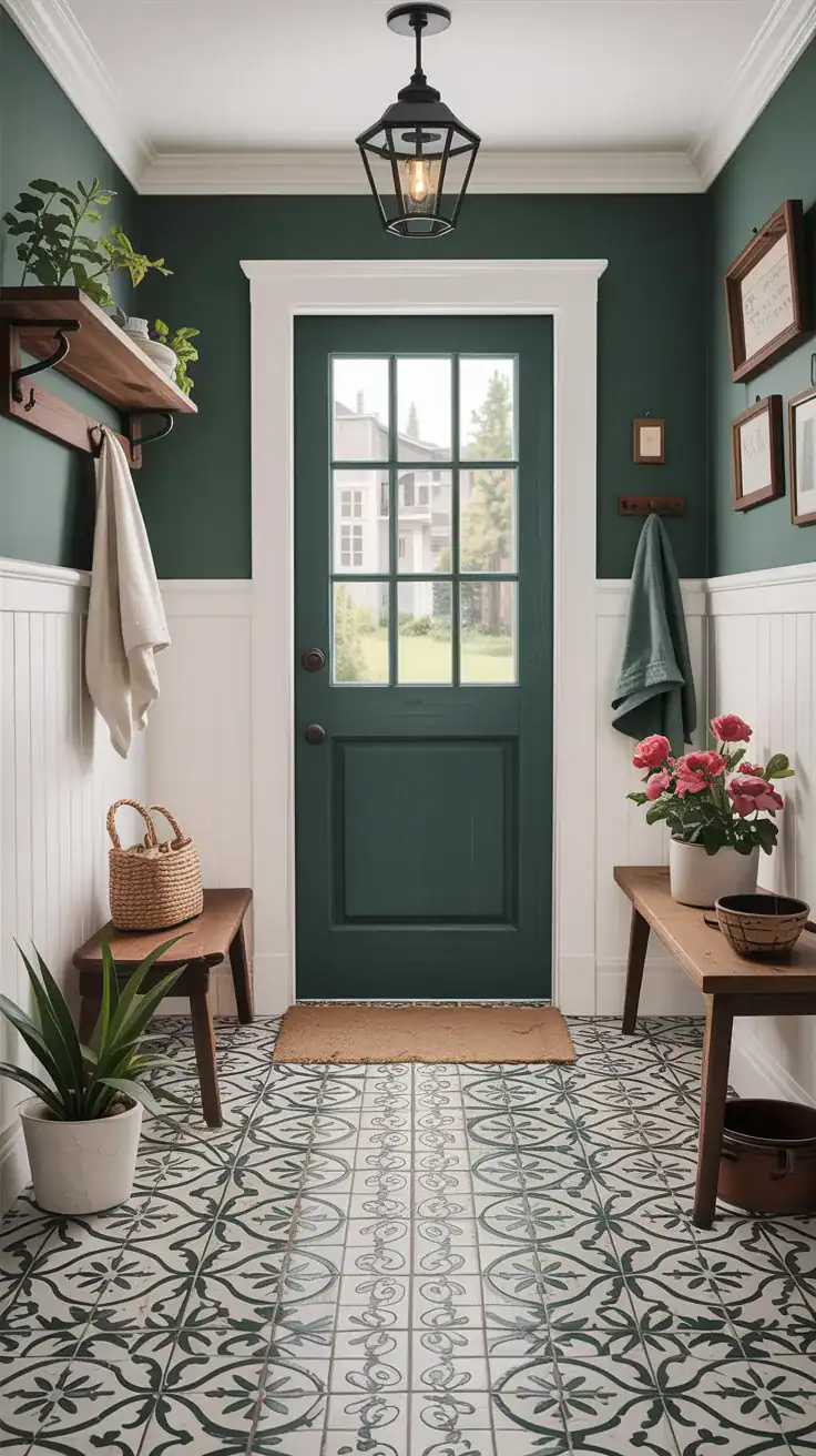 Vintage inspired patterned tile in cottage mudroom entryway