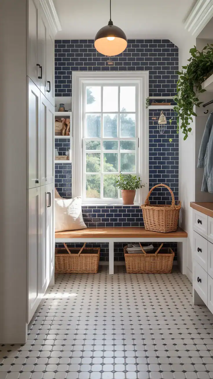 Basketweave tile pattern in transitional style mudroom