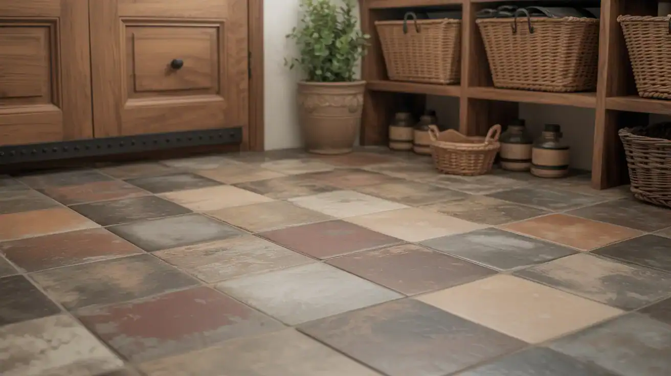 Close up of textured slip resistant mudroom floor tileGrout and texture are not the glamorous part of choosing tile, but they make a huge difference in a mudroom. Matching grout to the tile creates a cleaner look and helps hide dirt. Contrasting grout shows off the pattern but needs more upkeep.