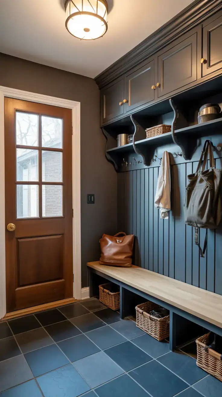 Dark slate tile creating moody sophisticated mudroom design
