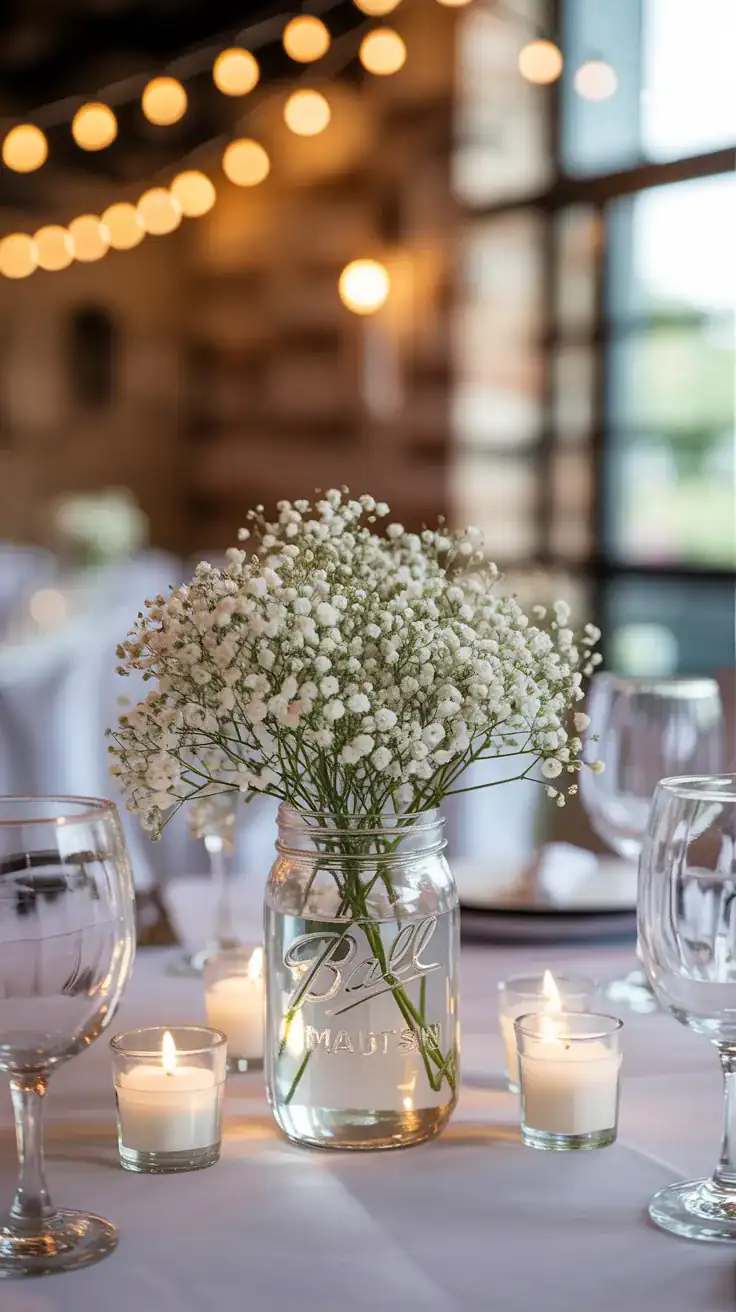 Lace wrapped mason jar centerpiece with cream flowers
