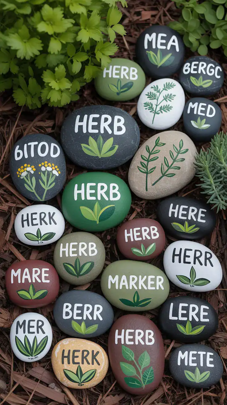 Garden Rock Art Projects featuring painted herb marker rocks with white lettering on smooth stones