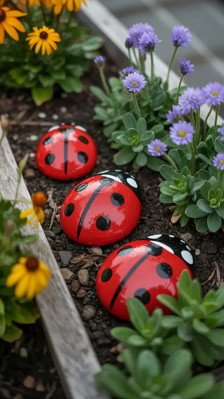 Bright red painted rocks with black spots resembling ladybugs tucked between garden flowers