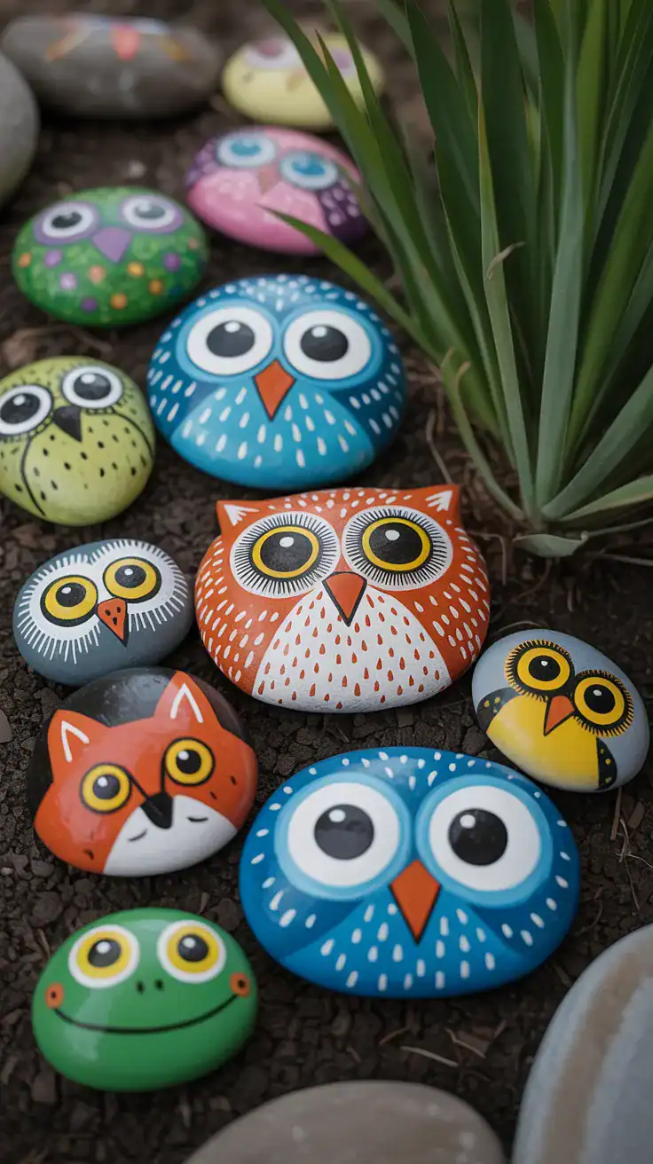 Painted rocks featuring whimsical animal faces including owls foxes and frogs hidden in garden