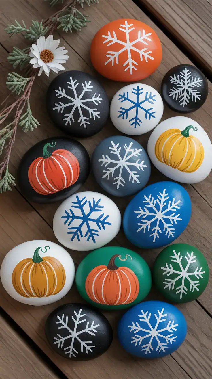 Seasonal painted rocks featuring pumpkins for autumn and snowflakes for winter holiday decorations
