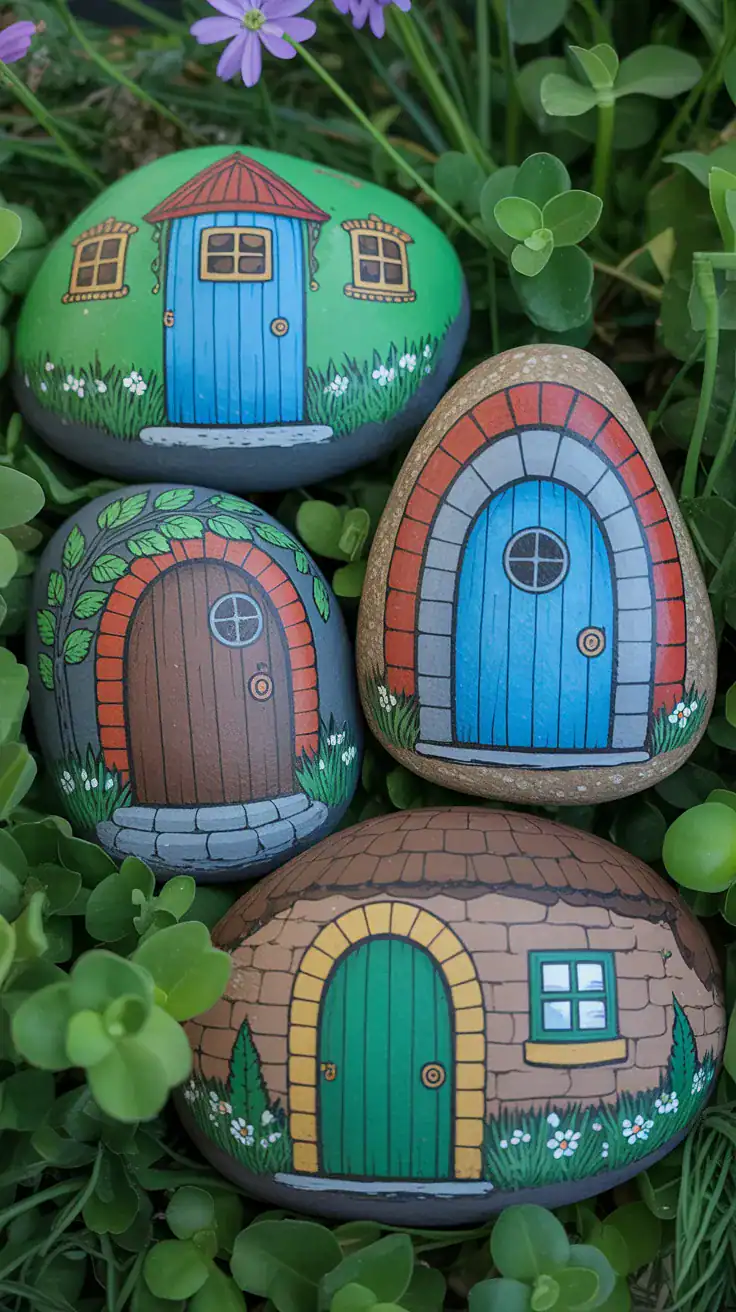 Painted rocks featuring miniature fairy doors and windows creating magical garden scene