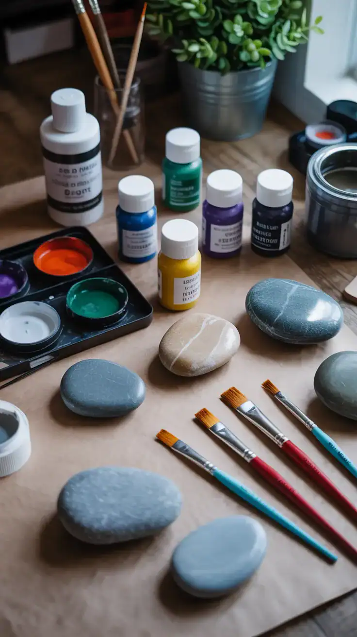 Rock painting supplies including acrylic paint brushes sealant and smooth stones arranged on workspace