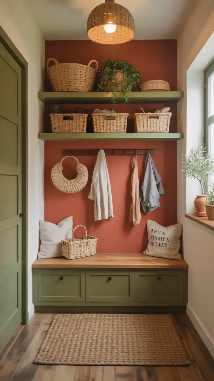 Warm terracotta accent wall in mudroom with natural wood flooring and olive green storage creating Mediterranean atmosphere