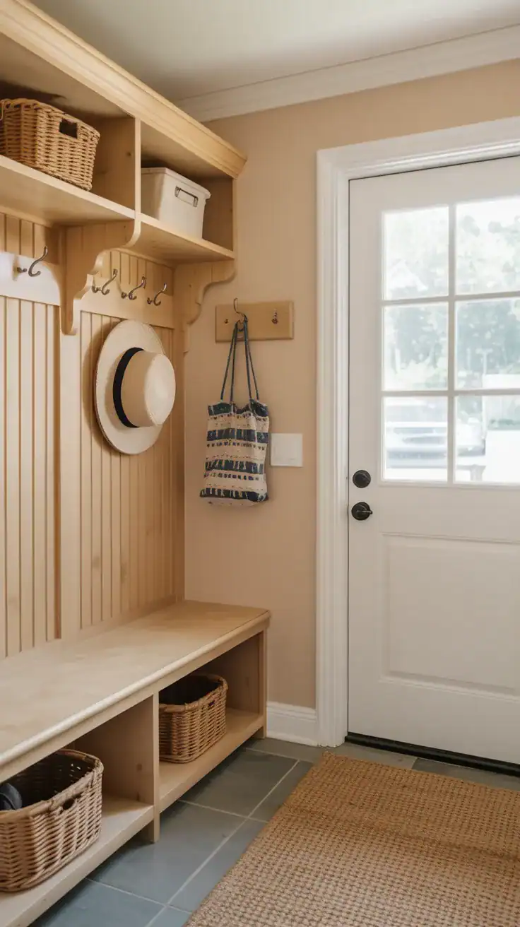 Soft sandy beige mudroom walls with natural wood storage and layered textures creating bright calm entryway