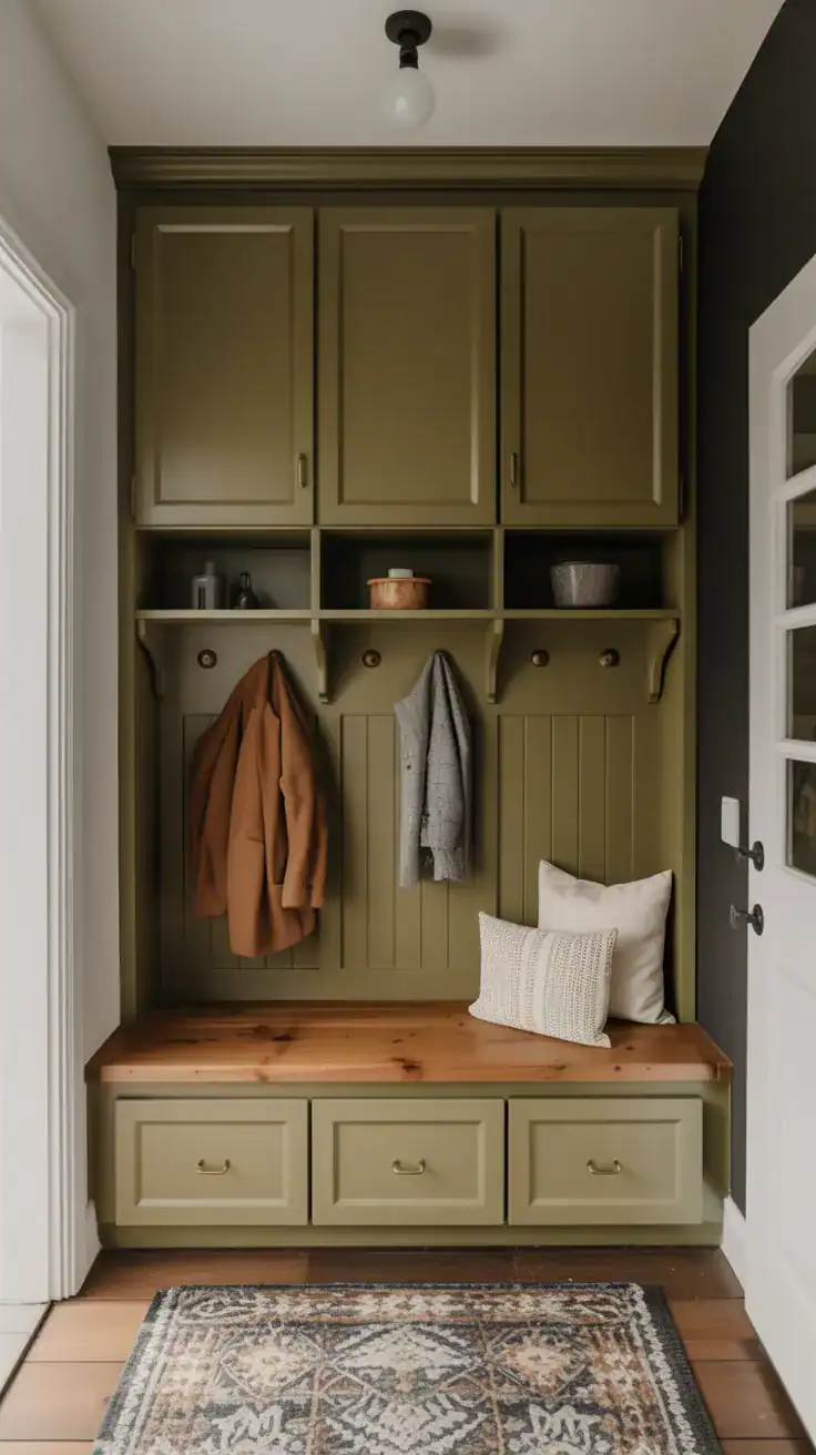 Olive green mudroom storage cabinets with brass hardware and cedar bench creating sophisticated earth tone entryway