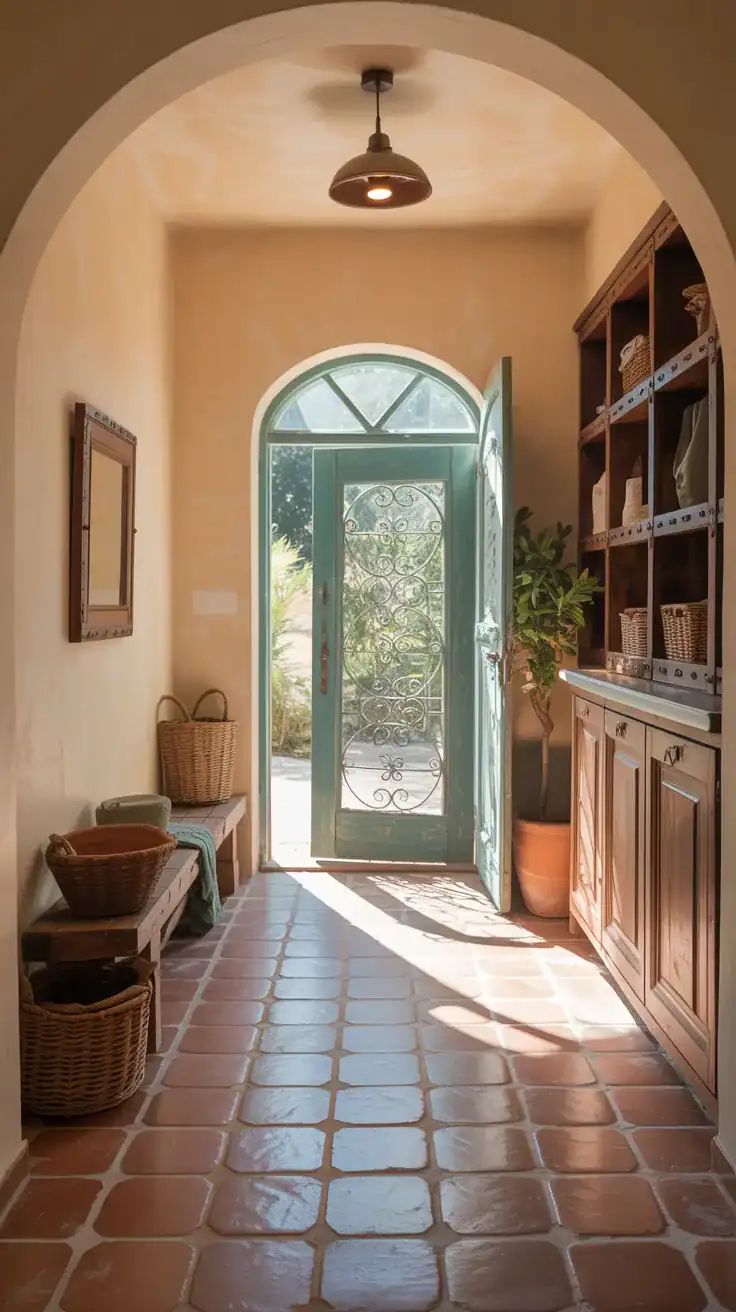 Clay terracotta tile mudroom flooring with rustic texture creating warm durable Mediterranean entryway floor