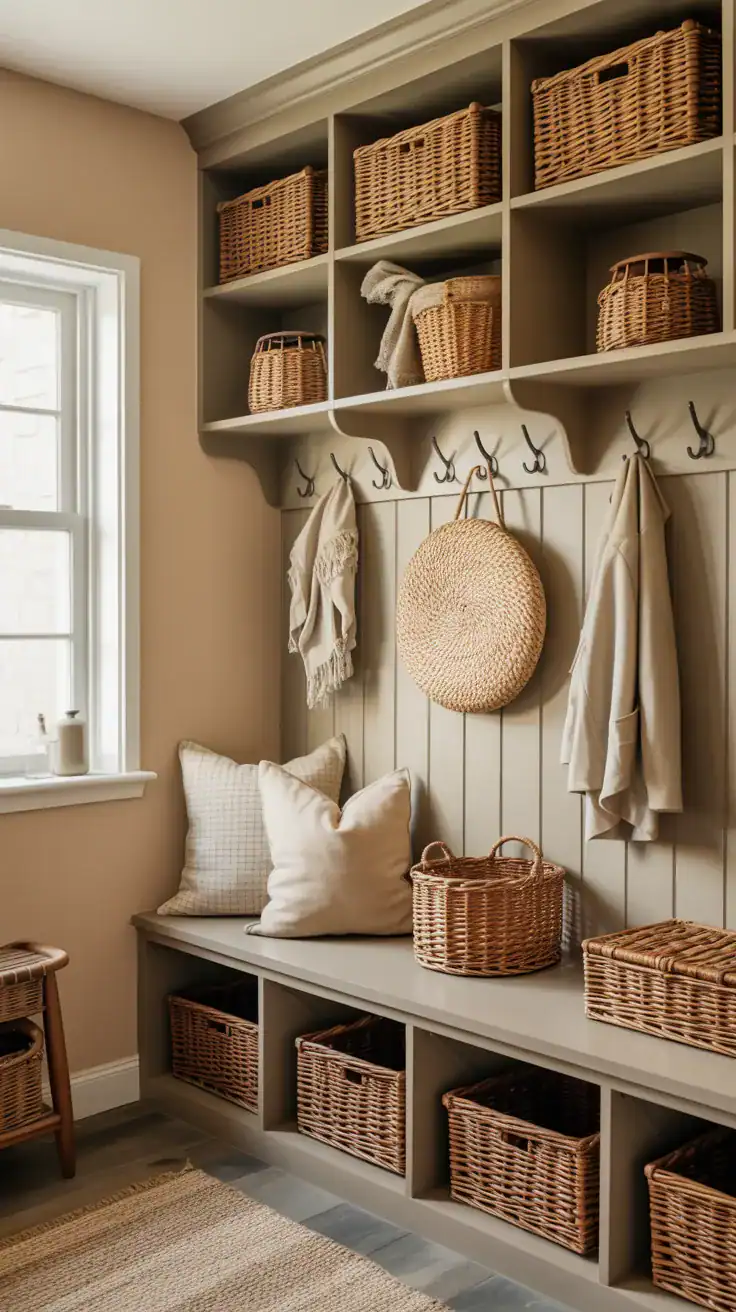 Earth tone mudroom with layered natural textures including wood grain woven baskets linen cushions creating cozy atmosphere