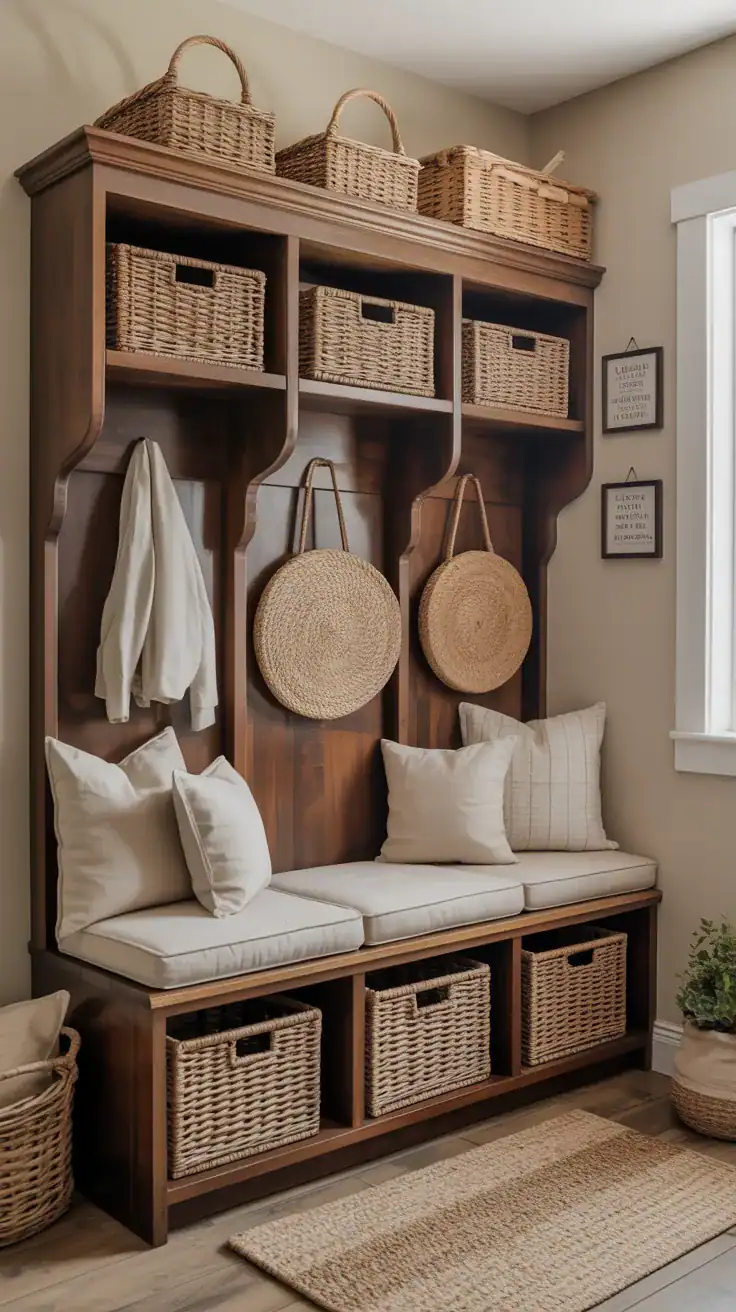 Deep brown wood mudroom bench with neutral cushions and woven baskets creating grounded warm entryway seating