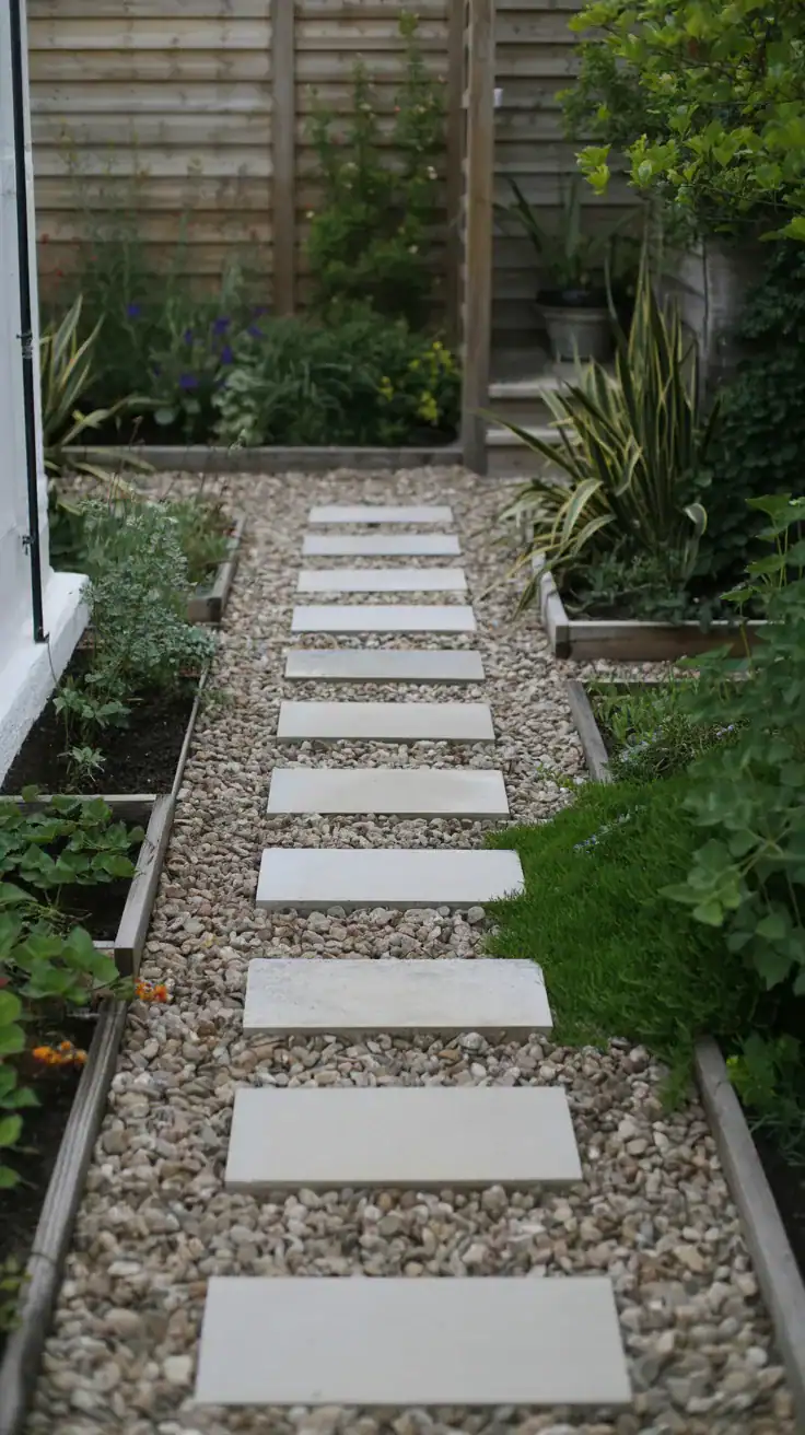 Limestone stepping stones set through pale gravel in a narrow side return garden walkway Limestone stepping stones set through pale gravel in a narrow side return garden walkway
