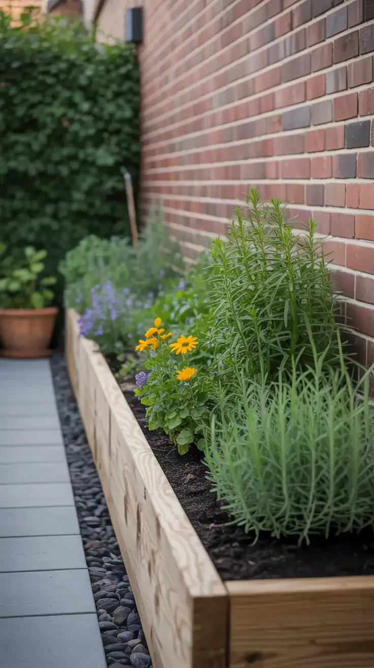 Narrow timber raised bed along a wall filled with herbs and flowers in a side return garden Narrow timber raised bed along a wall filled with herbs and flowers in a side return garden