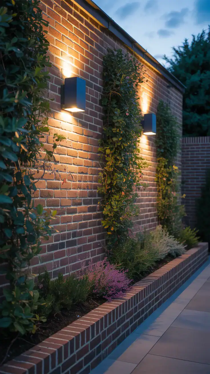 Warm wall sconce lighting illuminating climbing plants on a brick wall in a side return garden at dusk Warm wall sconce lighting illuminating climbing plants on a brick wall in a side return garden at dusk
