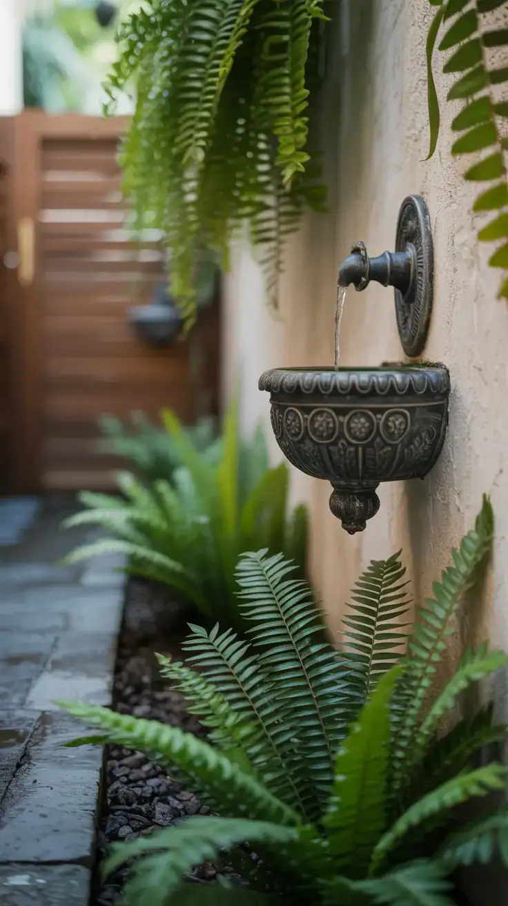 Wall mounted water fountain in a narrow side garden surrounded by ferns and soft greenery Wall mounted water fountain in a narrow side garden surrounded by ferns and soft greenery