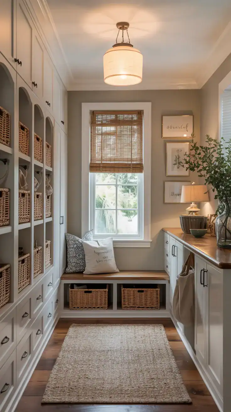 Elegant mudroom with closed cabinetry, hidden storage baskets, soft neutral styling, and calm uncluttered organization